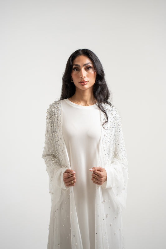 Luxury Pearl Abaya - White