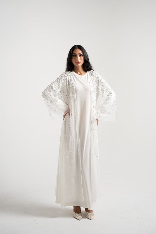 Luxury Pearl Abaya - White